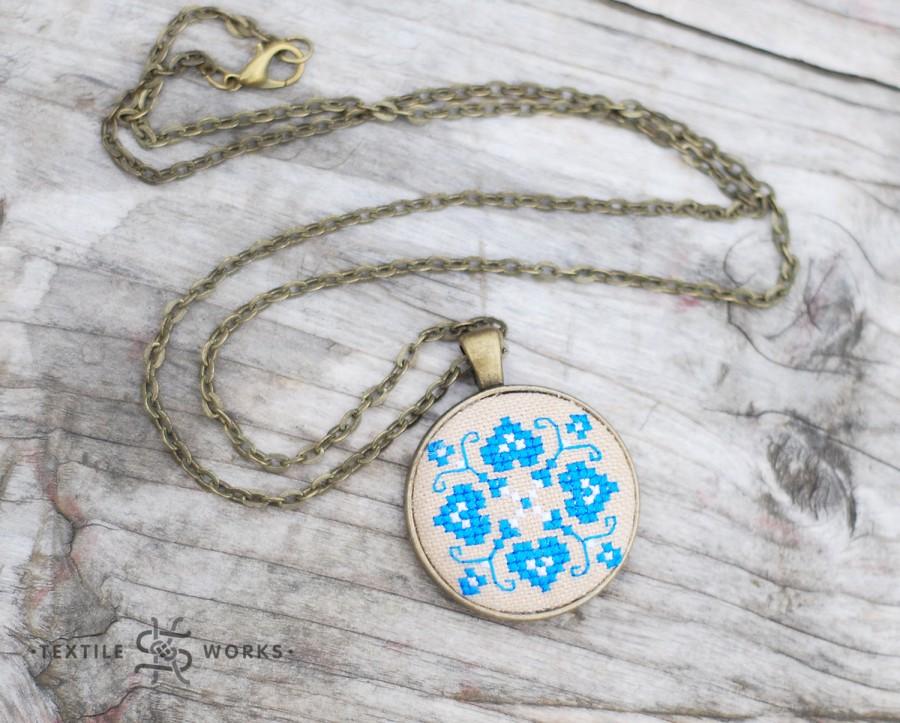Wedding - Blue Quatrefoil embroidered pendant on vintage fabric. Cross stitch pendant necklace. Textile jewelry. Ethnic symbol. Gift for her