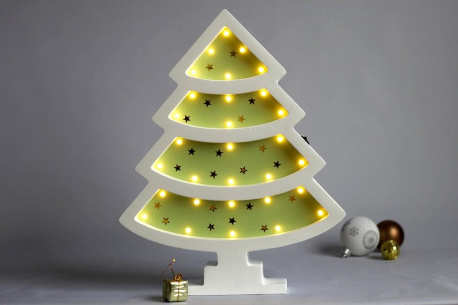 Wedding - Wood Christmas Tree with lights, Christmas Decor, Night Light for Baby, Battery operated (1/8/SB)