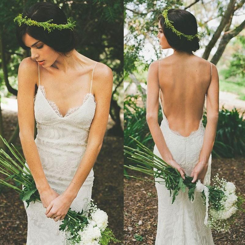 Mariage - High Quality V-neck Sheath Wedding Dress with Court Train Backless Spagnetti Straps