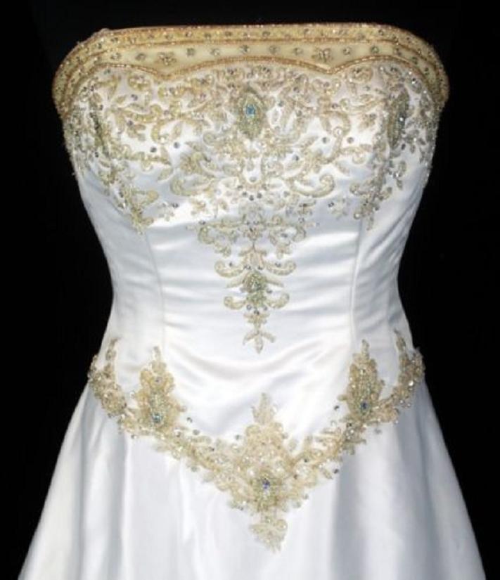 Hochzeit - VICTORIAN Crystal Bead Sequin JEWELED Strapless Boned Bodice White Satin Gold EMBROIDERY Ivory Ruffle Pleat Chapel Train Wedding Gown Dress