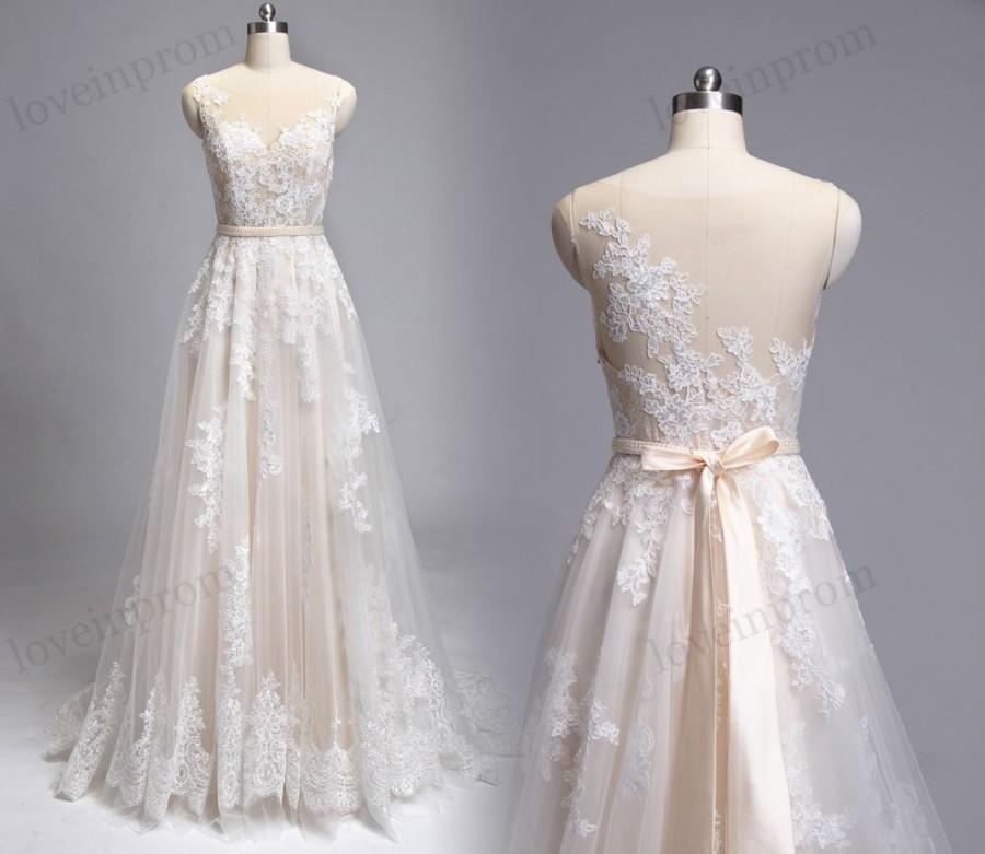 Hochzeit - Vintage Lace Wedding Dress Handmade Sheer Mesh Tulle Wedding Gown/Ivory Champagne Bridal Dress, Formal Wedding Gowns