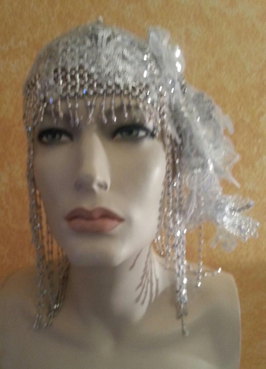 Hochzeit - Gatsby 20's Style Waterfall Beaded Lace Crystal Flapper Headpiece Hat Bridal Wedding Costume Party Theatrical Burlesque/More Colors Avail .