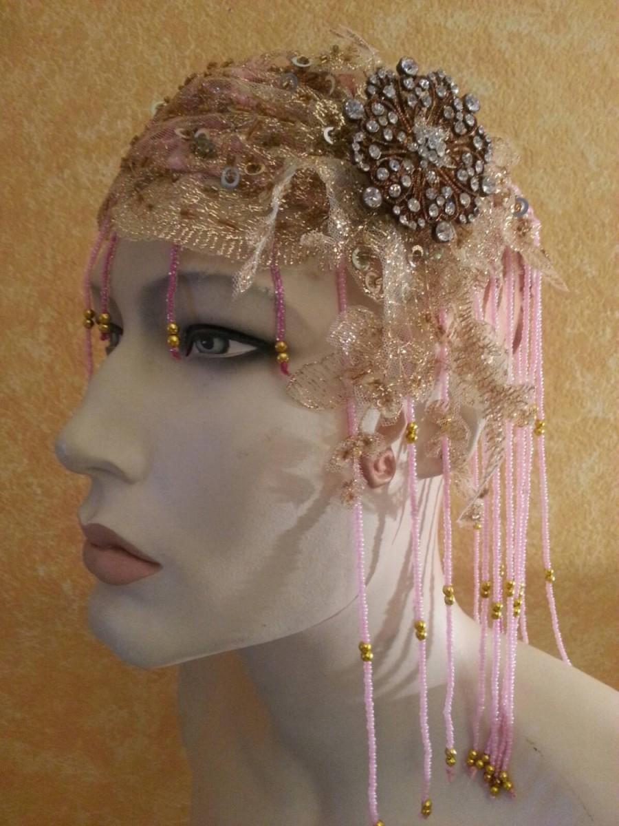 Mariage - Gatsby 20's Pink & Gold Waterfall Bead Crystal Brooch Sequin Lace Flapper Headpiece Hat Bridal Wedding Costume Party Theatrical Burlesque