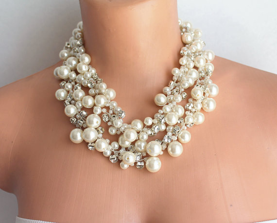 Wedding - Ivory Wedding Statement Necklaces crocheted pearls and rhinestones