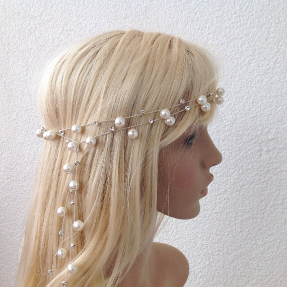 Hochzeit - Wedding Hair, Bridal Headband, Rhinestone Headpiece, Bridal Halo, Pearl Necklace