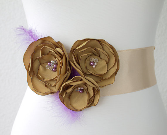 Свадьба - Handmade Golden and Lavender Three Flowers With Feathers Wedding Bridal Sash Belt with Ivory Ribbon