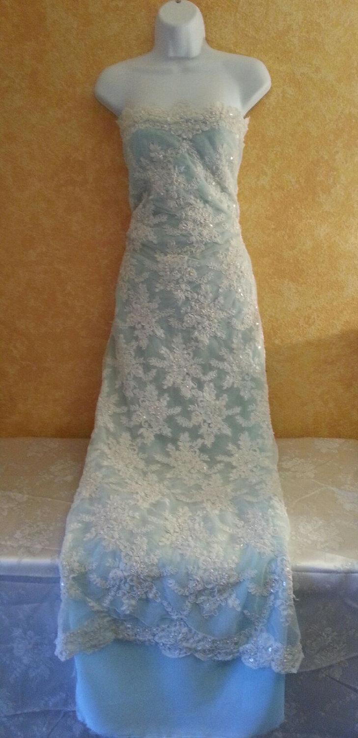 Wedding - Cinderella Powder Blue & Ivory Beaded Sequin Pearl Lace Sheath Vintage Style Bridal Wedding Gown Garden Bohemian Party Evening (more colors)