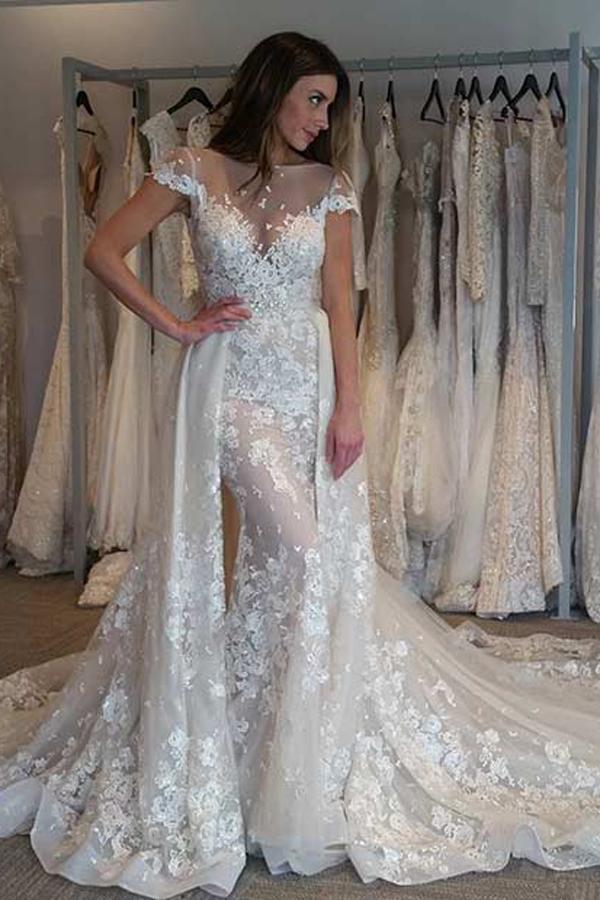 زفاف - Delicate Bateau Cap Sleeves Sheath Organza Wedding Dress with Lace Patchwork