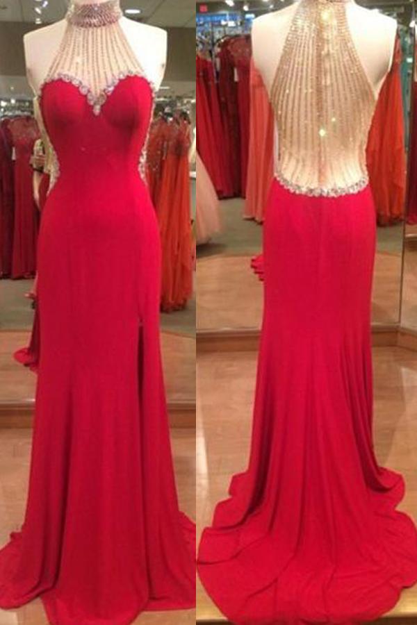 Hochzeit - Stunning Halter Red Split Floor-Length Prom Dress with Beading Rhinestones