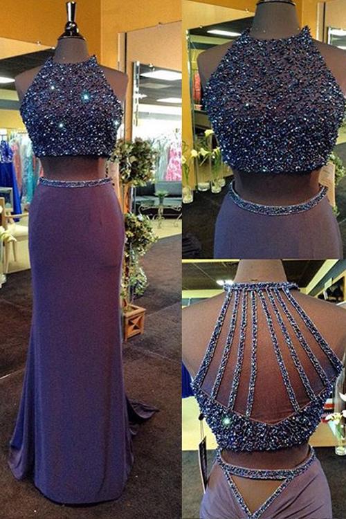 Mariage - Two Pieces Mermaid Prom Dress Halter Sweep Train Beading Criss Cross Straps