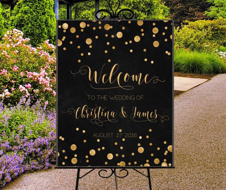 Mariage - Welcome wedding sign printable, chalkboard and gold. Custom personalized wedding sign. Digital reception entrance sign gold glitter confetti