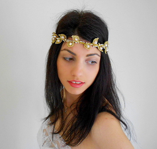 Hochzeit - Gold Wedding Diadem.Grecian Leaf Wedding headpiece .Vintage inspired pearl bridal crown. Convertible Crown-Skinny Sash .