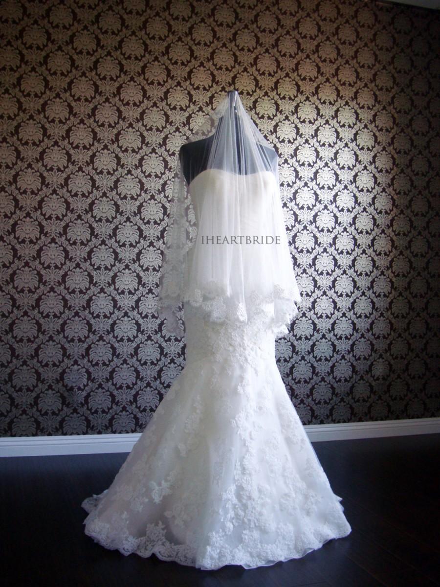 Wedding - Soft Silk Veil Thin Lace Border French Alencon Lace Bridal Veil by IHeartBride V-AS72 Eclaire Princess Silk Veil - Custom Silk Bridal Veil