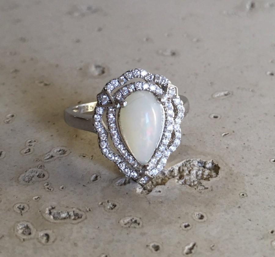 Hochzeit - Art Deco Opal Ring- Pear Shape Opal Promise Ring- Halo Statement Ring- Sterling Silver Ring- October Birthstone Ring- Vintage Inspired Ring