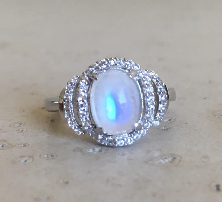 Mariage - Art Deco Ring- Moonstone Ring- Engagement Ring- Promise Ring- Solitaire Ring- Rainbow Moonstone Ring- Sterling Silver Ring- June Birthstone