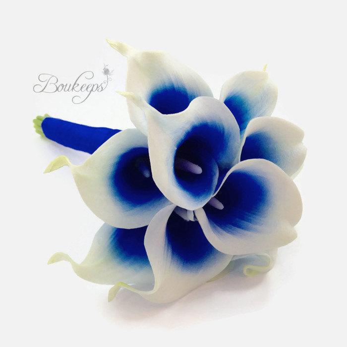 Hochzeit - CHOOSE RIBBON COLOR - Royal Blue Calla Lily Bouquet, Real Touch Picasso Royal Blue Calla Lily Bouquet, Bridal, Bridesmaid Calla Lily Bouquet