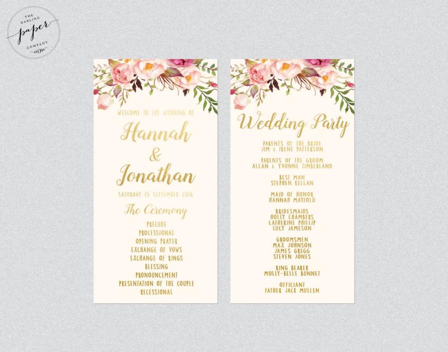 Свадьба - Wedding Program Order Of Service Printable Wedding Rustic Wedding Printable Program Floral Wedding Program Peonies Collection