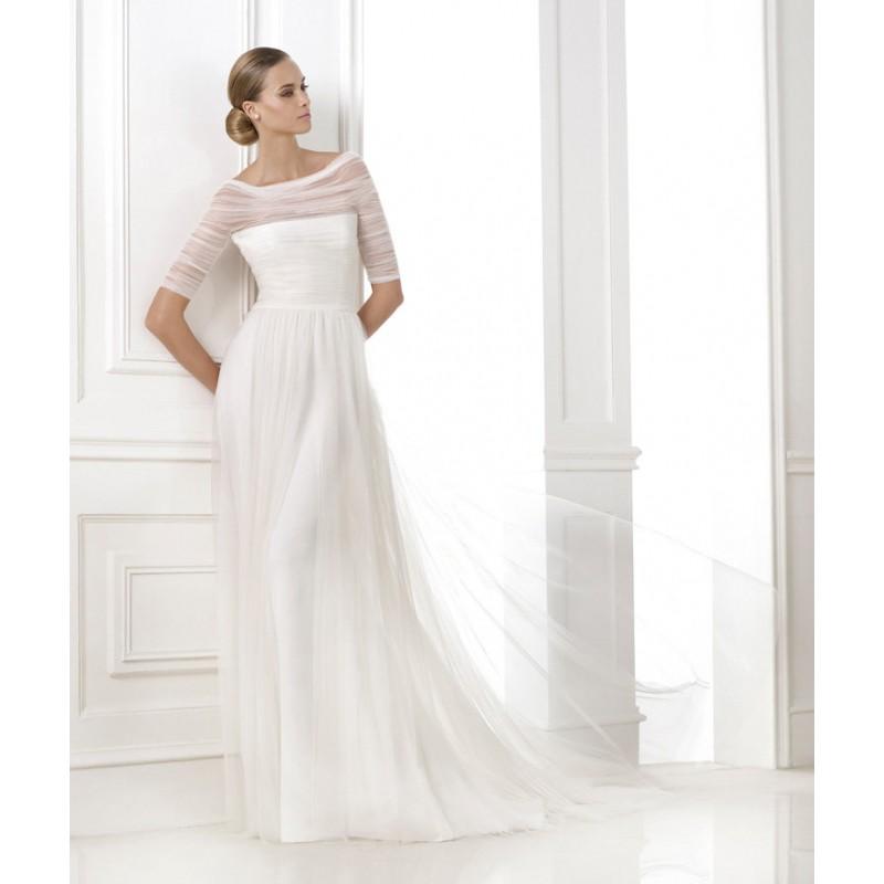Mariage - Simple A-line Bateau Short Sleeve Ruching Sweep/Brush Train Satin&Tulle Wedding Dresses - Dressesular.com