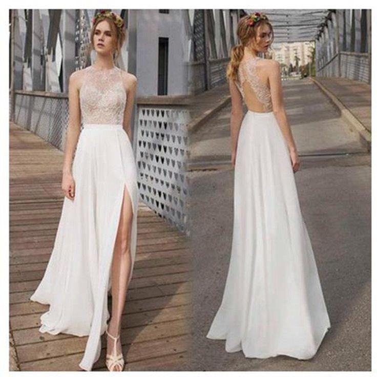 Wedding - Beautiful White Side Split Prom Dress, Open Back Charming Bridesmaid Dresses, Cheap Simple Beach Wedding Dress, WD0190