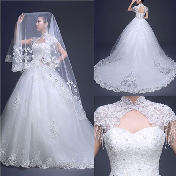 Mariage - Charming High Neck Cap Sleeve Long A-line Open Back Lace Tulle Wedding Dresses, WD0171