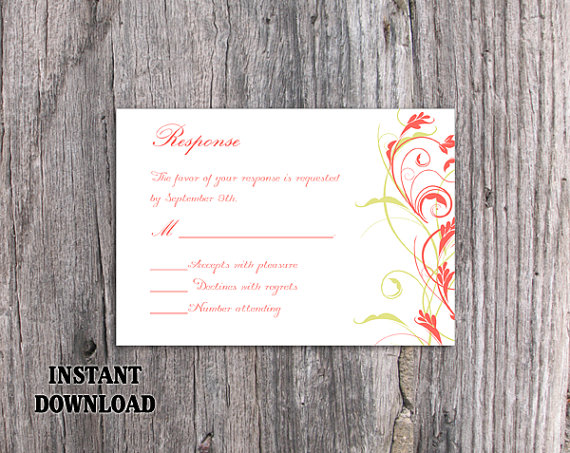 Wedding - DIY Wedding RSVP Template Editable Word File Instant Download Rsvp Template Printable RSVP Cards Coral Rsvp Green Rsvp Elegant Floral Rsvp