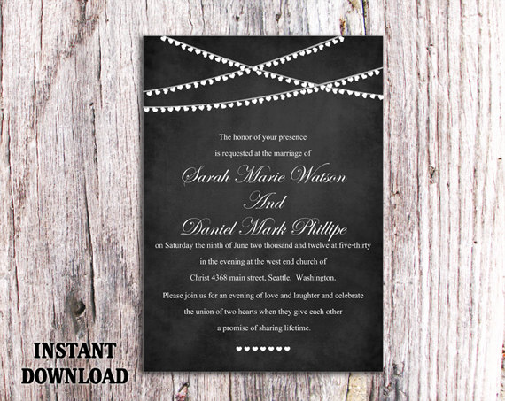 Mariage - DIY Wedding Invitation Template Editable Word File Download Printable Chalkboard Wedding Invitation Lights Invitation Heart Invitation
