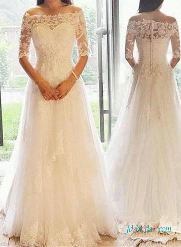 Mariage - Romance modest illusion lace top sleeved a line wedding dress