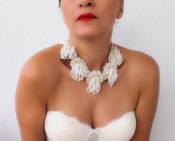 Wedding - Ivory Wedding Statement Necklace with Glass Pearl Beads