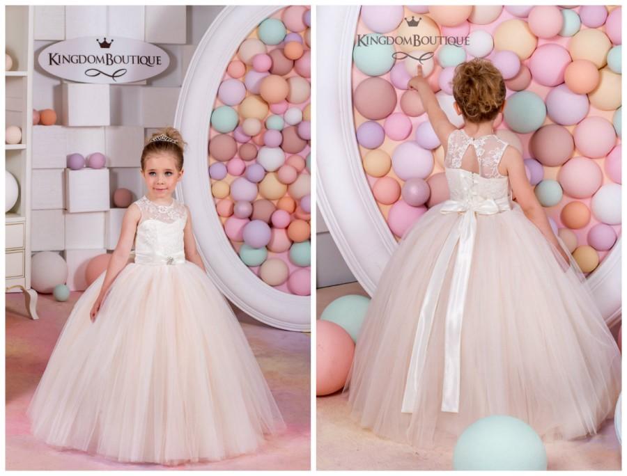 Wedding - Ivory and Blush Lace Tulle Flower Girl Dress - Wedding Party Birthday Holiday Bridesmaid Ivory and Blush Lace Tulle Flower Girl Dress 15-033