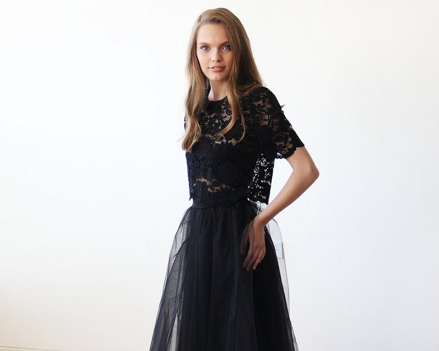 Mariage - Black lace short sleeves top , Lace black sheer top