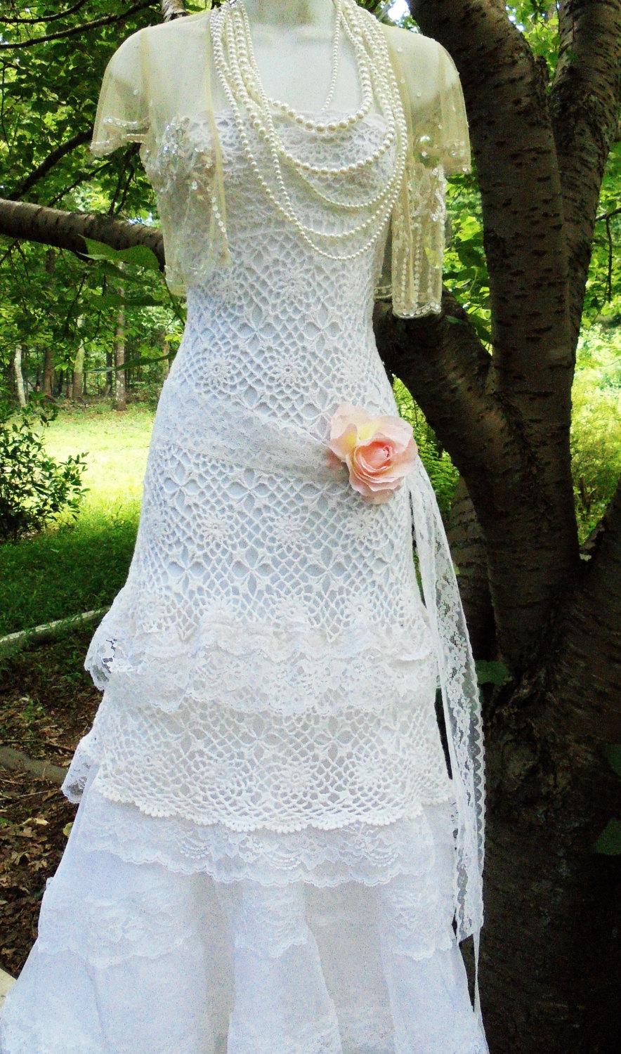 Свадьба - Crochet lace dress wedding white ivory strapless lace tulle tiered boho  vintage  bride outdoor  romantic medium by vintage opulence on Etsy