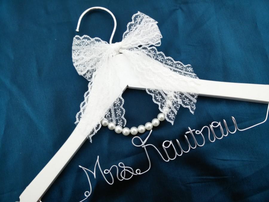 Mariage - Lace hanger Personalized Wedding Hanger, bridesmaid gifts, name hanger, brides hanger bride gift,bride hanger for wedding dress