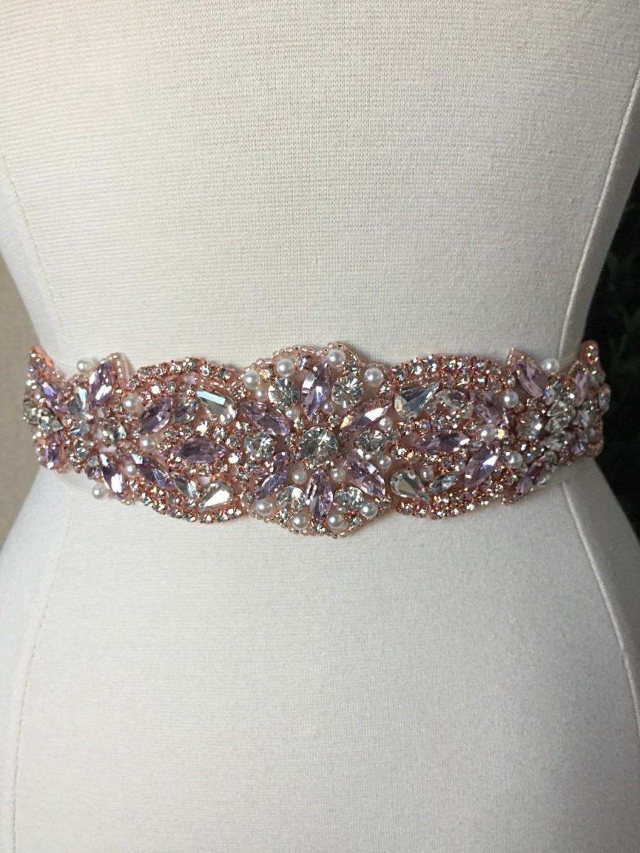 Wedding - Pink and Rose Gold Bridal Sash - Wedding Dress Sash Belt - Crystal Rhinestone Wedding Sash - Ivory Rhinestone Bridal Sash