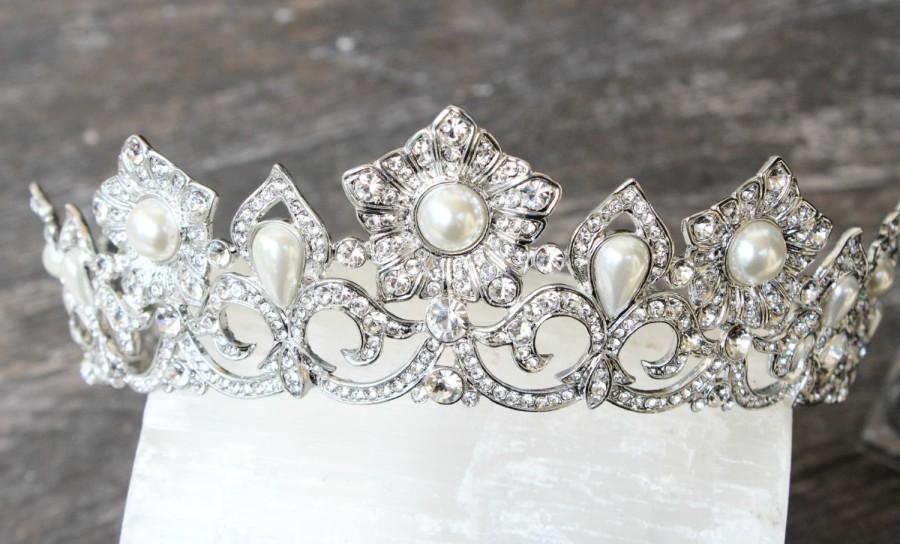 Wedding - Full Bridal Crown, Princess Bride Swarovski Crystal Pearl Crown, HELENA Bridal Diadem, Crystal Wedding Tiara, Diamante Tiara, Bridal Tiara