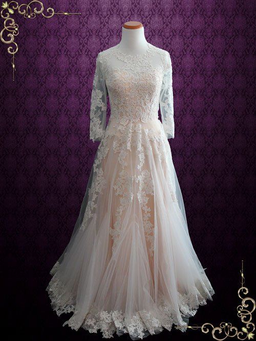 Hochzeit - Modest Blush Lace Wedding Dress With Long Sleeves 