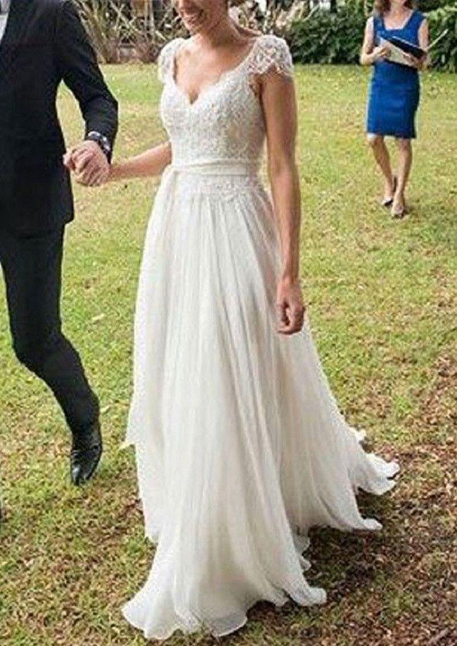 Wedding - Elegant A-line V-neck Cap Sleeves Appliqued Beaded Sweep Train Lace Ivory Chiffon Beach Wedding Dress