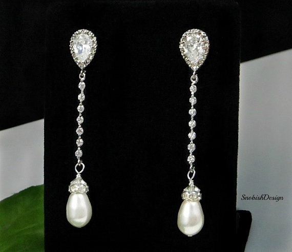 Свадьба - Cubic Zirconia Bridal Earrings, Swarovski Pearl Wedding Earrings, Extra Long Earrings, Swarovski Crystal, Bride, Bridal Jewelry, Drop