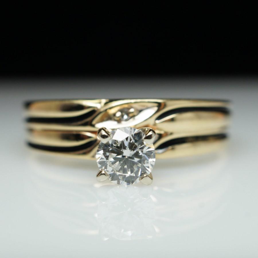 Hochzeit - Vintage .33ct Diamond Engagement Ring & Wedding Band Simple Solitaire Set 14k Yellow Gold Vintage Set Bridal Set Engagement Set Wedding Ring