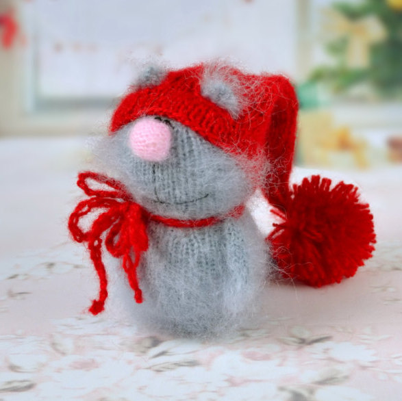 Mariage - SALE grey Cat in red Hat - Hand-Knitted cat Toy Amigurumi cat Miniature cat Doll wool toy cat Handmade crochet cats plush toys amigurumi