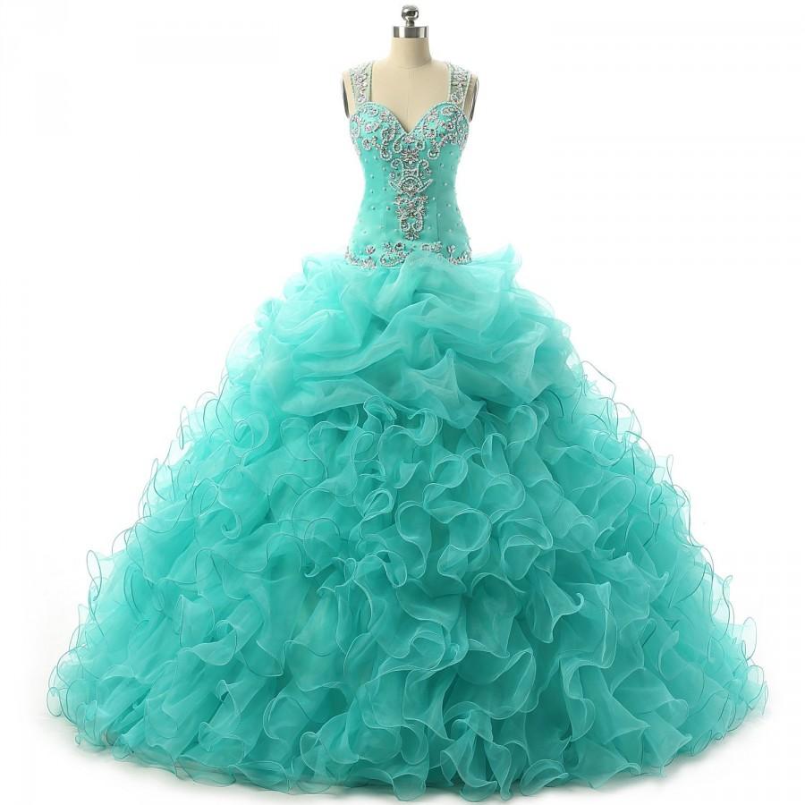 Hochzeit - Sweetheart Mint Green Organza Puffy Sweet 16 Ball Gowns 15 Years Quinceanera Dresses Princess Prom Dresses 2016