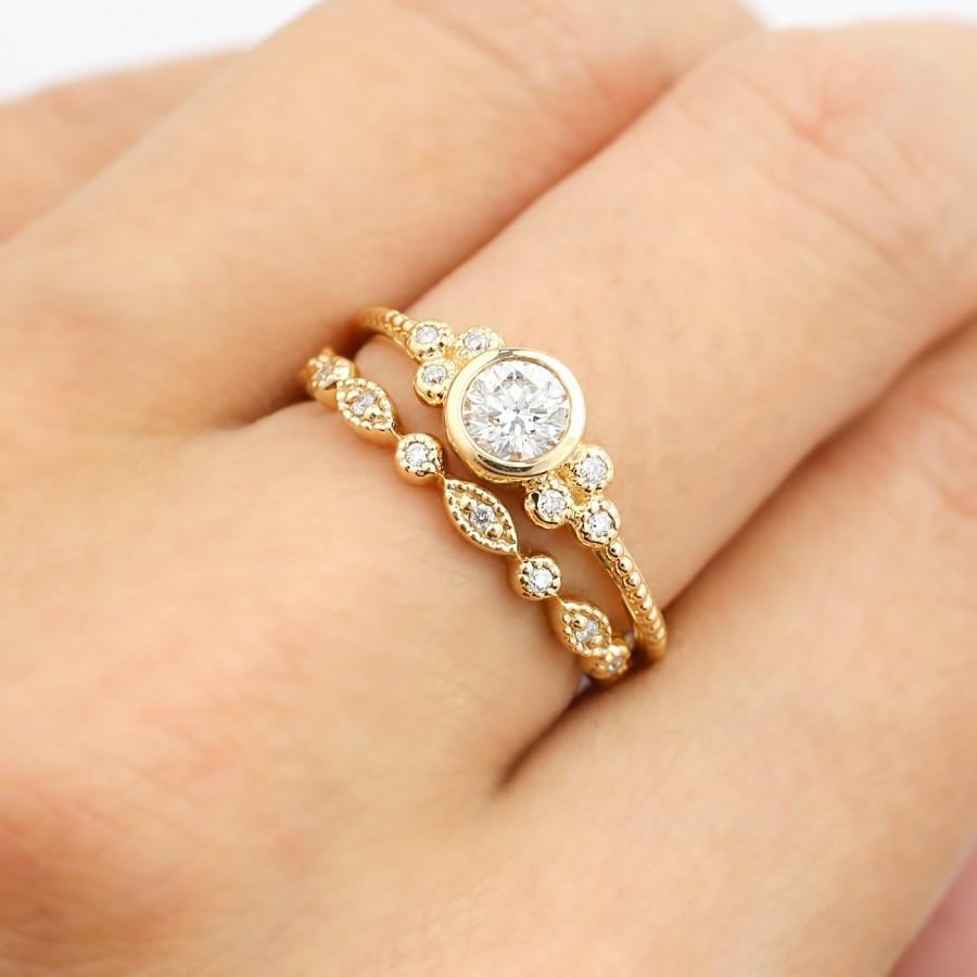 زفاف - Yellow gold engagement ring set, 0.32ct F SI 3EX GIA certified diamond ring, diamond eternity ring, Unique wedding ring, 14k gold, ado-r101