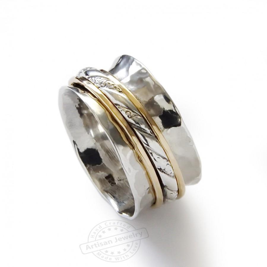 زفاف - Infinity gold braided spinner ring, Worry ring, Mixed metals band, Shiny Sterling silver and Gold filled wide band, unisex wedding band Sale