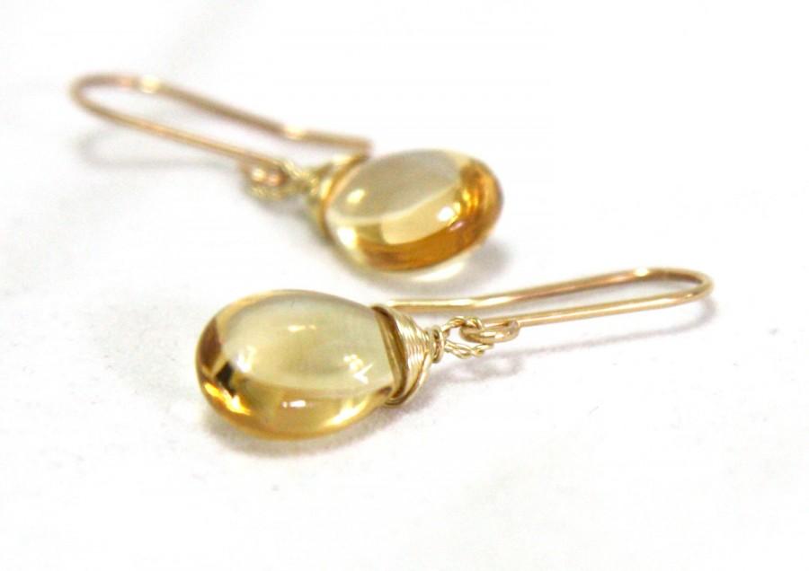 Wedding - Natural Citrine Smooth Briolette Wire Wrapped Earrings Solid 14K Yellow Gold , November Birthstone , 13th Anniversary , From Canada , Luck
