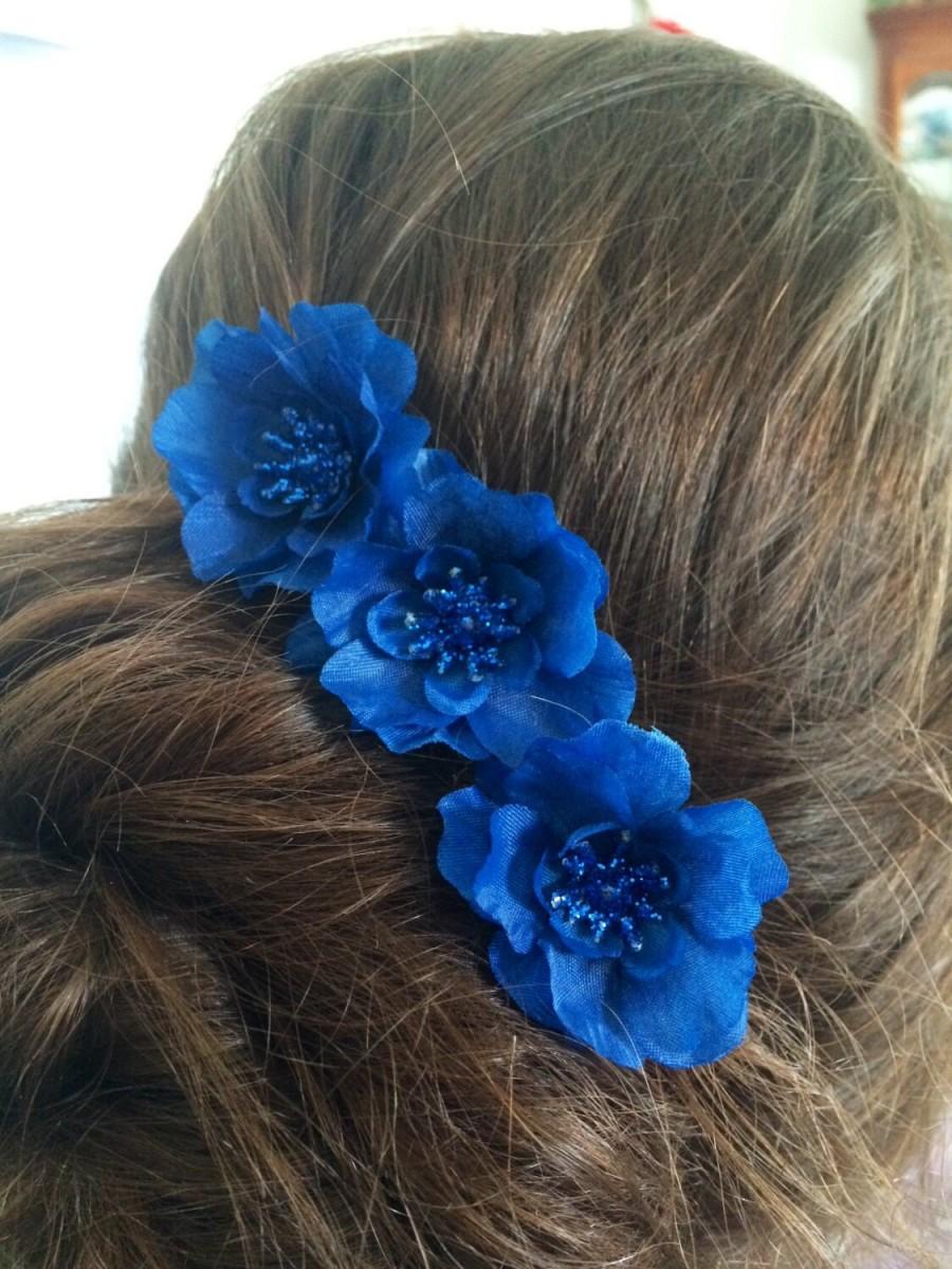 Свадьба - Hair Pin Set of 3 Midnight Royal Blue Flower Handmade Bun Chignon Bobby Hair Pin Wedding Bridesmaid Flower Girl Prom Special Occasion