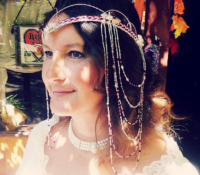 Hochzeit - Faerie Queen Headdress Tiara Beaded Hair Chain Tribal Dance Head Piece Boho Wedding Hair Jewelry  in Custom Colors