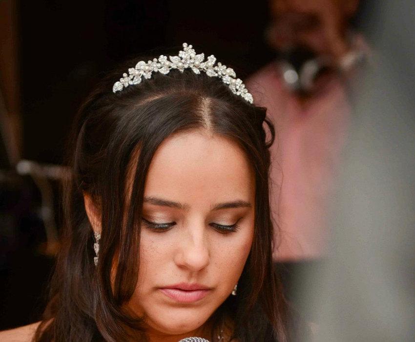 Hochzeit - TIMOTHEA, Wedding Tiara, SWAROVSKI Crystal Rhinestone and Pearl Vintage Style Bridal Crown, Flower and Leaf Bridal Wedding Hair Accessories