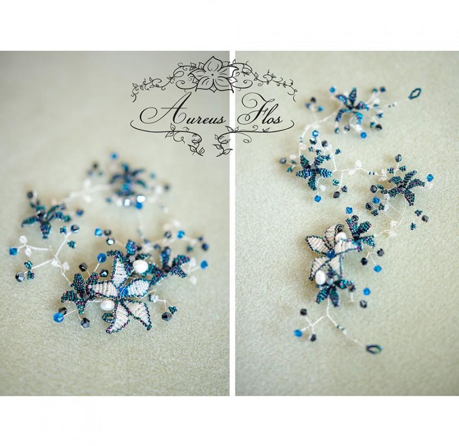 زفاف - Hair vine, jewelry with blue flowers, freshwater pearls and Swarovski beads, Bridal halo, Dragonfly flowers, Rustic boho and beach wedding