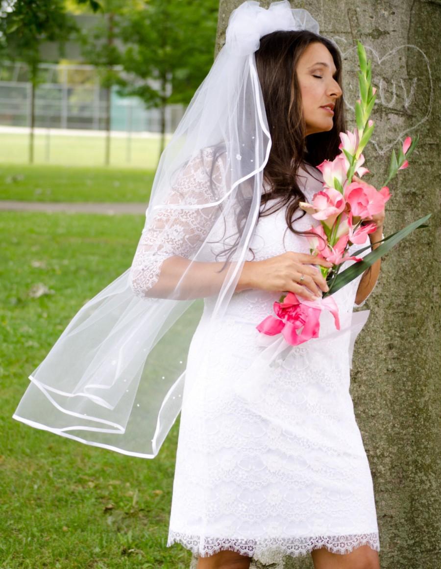 Wedding - Pouf Top Wedding Veil with Satin Ribbon Trim