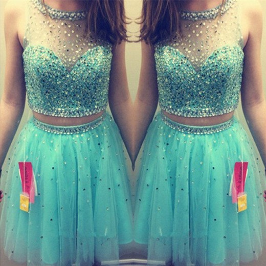 Свадьба - Luxurious Knee Length A-Line Scoop Two Piece Mint Homecoming/Party Dress With Beaded