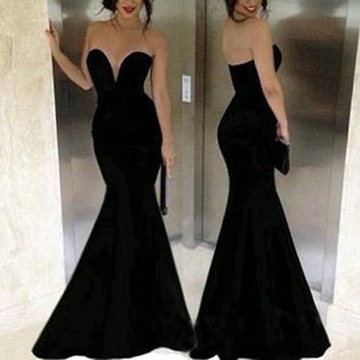 زفاف - Glamorous Mermaid V-neck Floor Length Satin Black Prom Dress